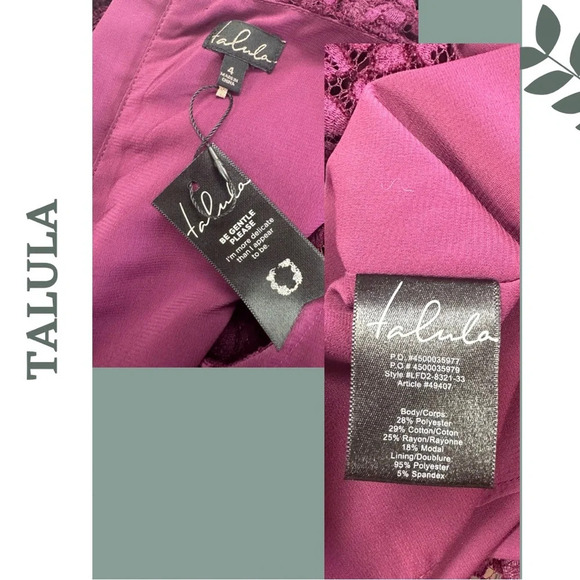 Talula Lace Dress Cap Sleeve  Lined Gathered Waist Burgundy Size 4 - Picture 5 of 6